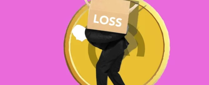 Illustration of man carrying box of financial loss on back. Chargebacks and NSFs cost collections businesses a lot of money.