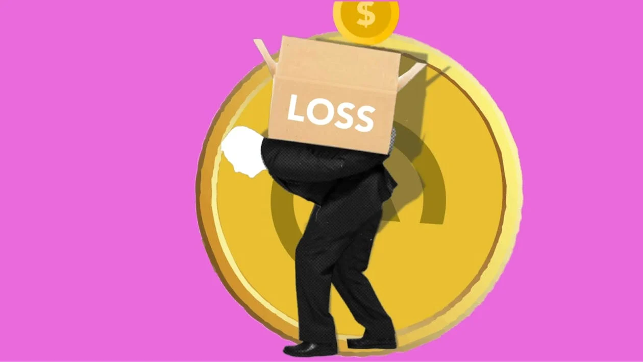 Illustration of man carrying box of financial loss on back. Chargebacks and NSFs cost collections businesses a lot of money.